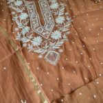 Exclusive Mal Chanderi Silk Chikankari Unstitched Fabric- Cameral Brown