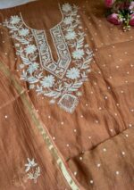 Exclusive Mal Chanderi Silk Chikankari Unstitched Fabric- Cameral Brown