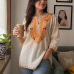 Women's Kashmiri Aari Embroidered Cotton Short Kurti- Cream