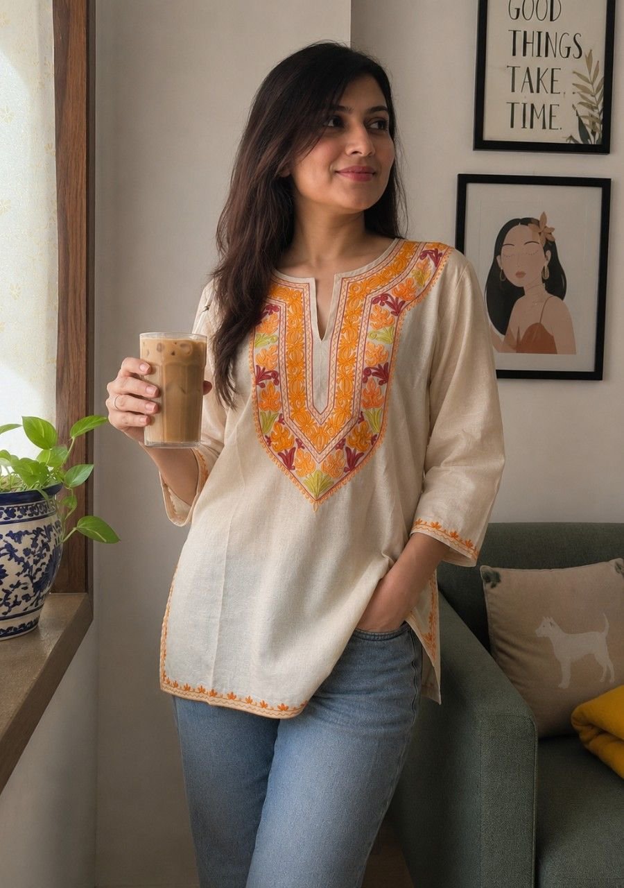 2026/07/1002065313.jpg Women's Kashmiri Aari Embroidered Cotton Short Kurti- Cream - Image 1