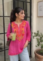 Women's Kashmiri Aari Embroidered Cotton Short Kurti- Candy Pink