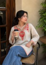 Women's Kashmiri Aari Embroidered Cotton Short Kurti- Cream