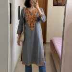 Women's Kashmiri Aari Embroidered Cotton Mid Length Kurti- Grey