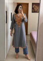 Women's Kashmiri Aari Embroidered Cotton Mid Length Kurti- Grey