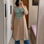 Women's Kashmiri Aari Embroidered Cotton Mid Length Kurti- Beige