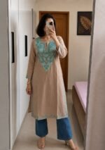 Women's Kashmiri Aari Embroidered Cotton Mid Length Kurti- Beige