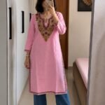 Women's Kashmiri Aari Embroidered Cotton Long Kurti-Pink