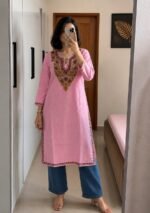 Women's Kashmiri Aari Embroidered Cotton Long Kurti-Pink