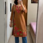 Women's Kashmiri Aari Embroidered Cotton Knee-Length Kurti-Brown