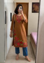 Women's Kashmiri Aari Embroidered Cotton Knee-Length Kurti-Brown
