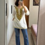 Women's Kashmiri Aari Embroidered Cotton Short Kurti- Off White