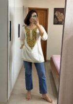 Women's Kashmiri Aari Embroidered Cotton Short Kurti- Off White