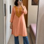 Women's Kashmiri Aari Embroidered Cotton Long Kurti-Peach