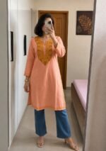 Women's Kashmiri Aari Embroidered Cotton Long Kurti-Peach