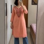 Women's Kashmiri Aari Embroidered Cotton Long Kurti-Peach