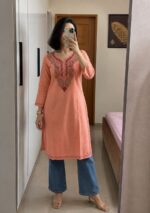 Women's Kashmiri Aari Embroidered Cotton Long Kurti-Peach