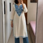 Women's Kashmiri Aari Embroidered Cotton Long Kurti-Off White