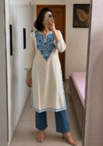 Women's Kashmiri Aari Embroidered Cotton Long Kurti-Off White