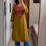 Women's Kashmiri Aari Embroidered Cotton Long Kurti-Olive Green