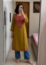 Women's Kashmiri Aari Embroidered Cotton Long Kurti-Olive Green