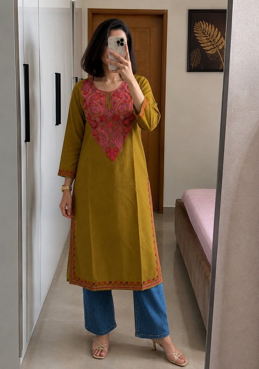 2026/07/1002071846.jpg Women's Kashmiri Aari Embroidered Cotton Long Kurti-Olive Green - Image 1