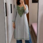 Women's Kashmiri Aari Embroidered Cotton Long Kurti-Grey