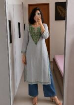 Women's Kashmiri Aari Embroidered Cotton Long Kurti-Grey