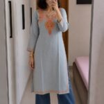 Women's Kashmiri Aari Embroidered Cotton Long Kurti- Grey