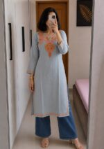 Women's Kashmiri Aari Embroidered Cotton Long Kurti- Grey
