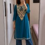 Women's Kashmiri Aari Embroidered Cotton Mid Length Kurti- Peacock Blue