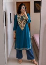 Women's Kashmiri Aari Embroidered Cotton Mid Length Kurti- Peacock Blue