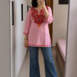 Women's Kashmiri Aari Embroidered Cotton Short Kurti-Pink