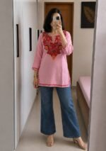 Women's Kashmiri Aari Embroidered Cotton Short Kurti-Pink