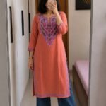 Women's Kashmiri Aari Embroidered Cotton Mid Length Kurti-Orange