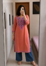Women's Kashmiri Aari Embroidered Cotton Mid Length Kurti-Orange