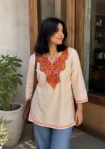 Women's Kashmiri Aari Embroidered Cotton Short Kurti- Cream