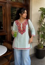Women's Kashmiri Aari Embroidered Cotton Short Kurti- Grey