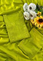 Sahiba Chanderi Chikankari 3PC Long Kurti Set with Dupatta- Dark Shades - Image 11