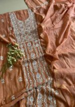 Exclusive Mal Chanderi Silk Chikankari Unstitched Fabric - Caramel Brown