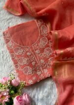 Exclusive Mal Chanderi Silk Chikankari Unstitched Fabric - Gajari Pink - Image 2