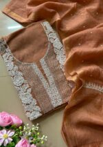 Exclusive Mal Chanderi Silk Chikankari Unstitched Fabric - Caramel Brown - Image 2