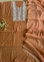 Exclusive Mal Chanderi Silk Chikankari Unstitched Fabric - Caramel Brown - Image 3
