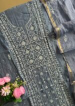 Exclusive Mal Chanderi Silk Chikankari Unstitched Fabric - Baby Blue