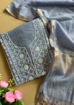 Exclusive Mal Chanderi Silk Chikankari Unstitched Fabric - Baby Blue - Image 2