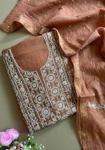 Exclusive Mal Chanderi Silk Chikankari Unstitched Fabric - Caramel Brown - Image 2