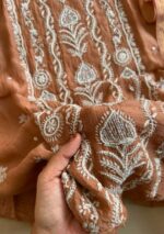 Exclusive Mal Chanderi Silk Chikankari Unstitched Fabric - Caramel Brown - Image 3