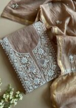 Exclusive Mal Chanderi Silk Chikankari Unstitched Fabric - Beige - Image 2