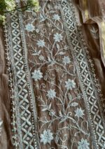 Exclusive Mal Chanderi Silk Chikankari Unstitched Fabric - Beige - Image 4