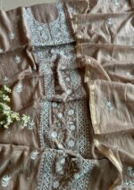 Exclusive Mal Chanderi Silk Chikankari Unstitched Fabric - Beige - Image 6