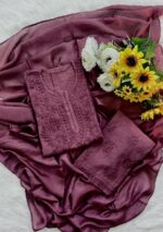 Sahiba Chanderi Chikankari 3PC Long Kurti Set with Dupatta- Dark Shades - Image 12